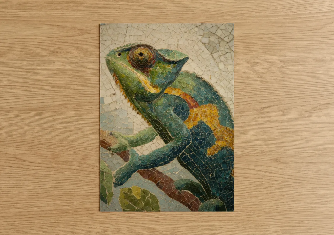 Art print on warm oak wood — gold and teal palette — Mosaic Chameleon poster