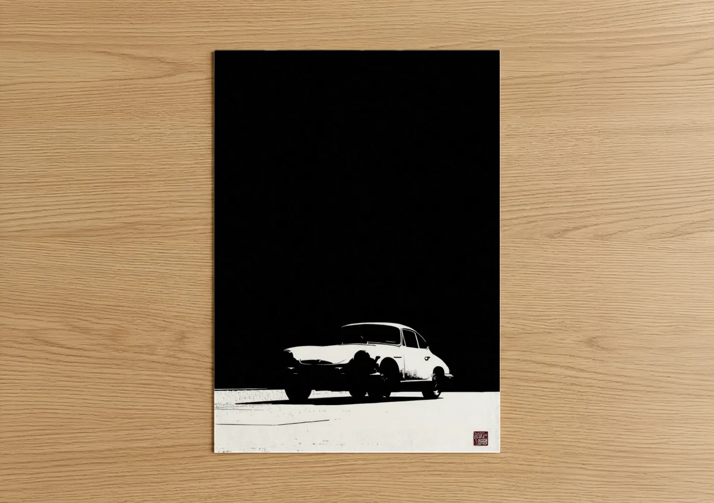 Classic car art print on warm oak wood — black and white palette — Vintage Sedan Silhouette poster