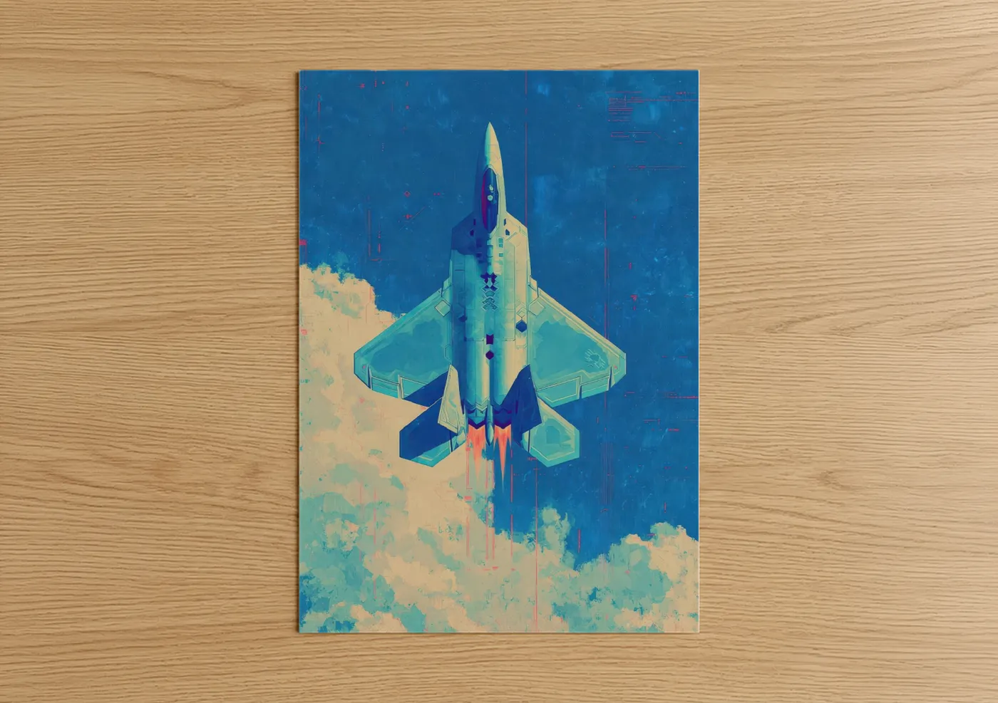 Military plane art print on warm oak wood — blue and turquoise palette — Stealth Fighter Ascending poster