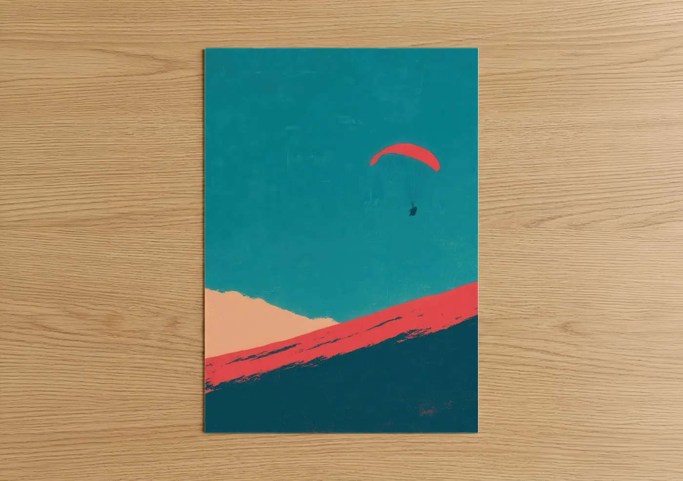 Art print on warm oak wood — teal and salmon pink palette — Coastal Paragliding poster