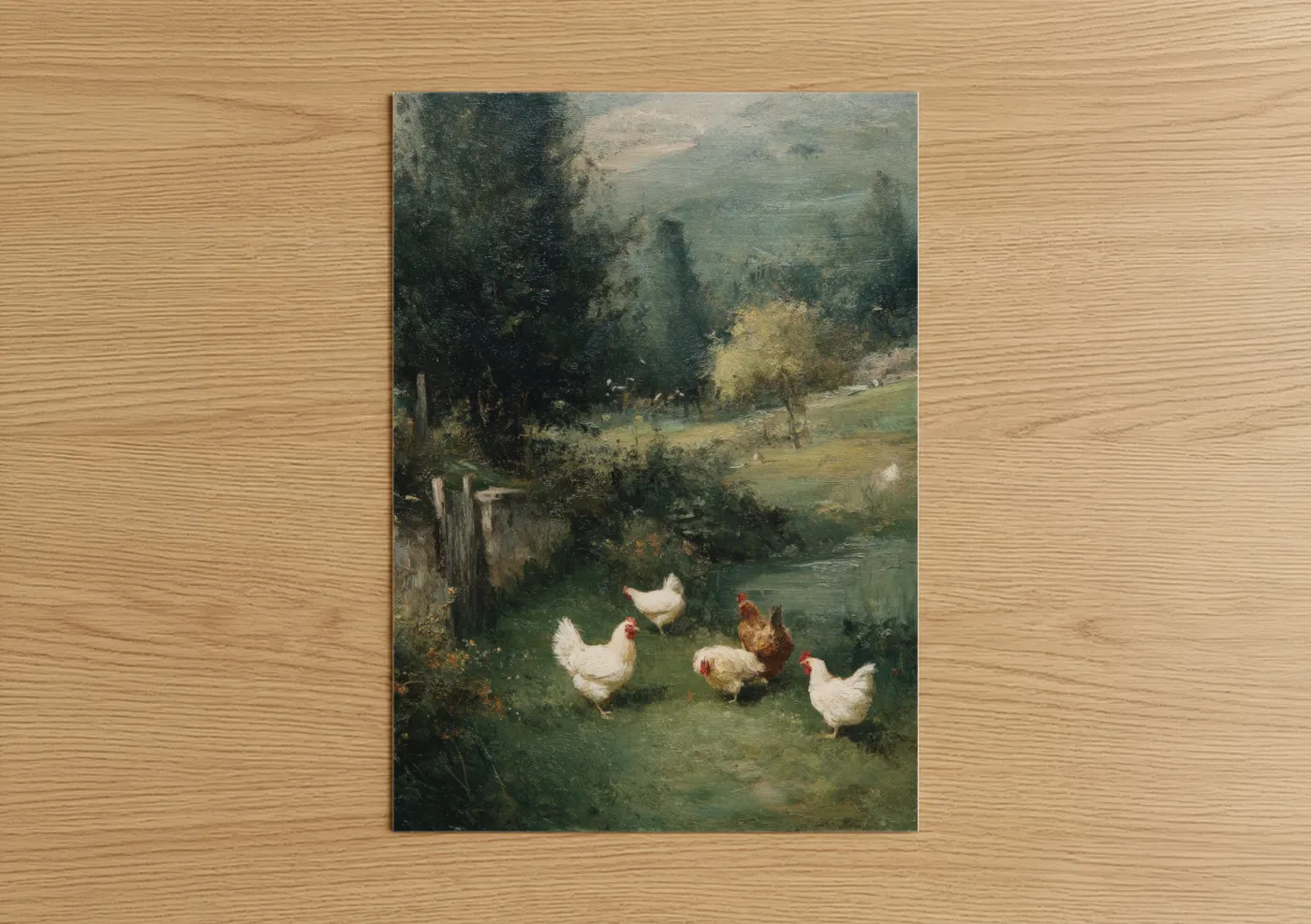 Chicken and roosters art print on warm oak wood — sage green and cream palette — Riverside Farmyard poster