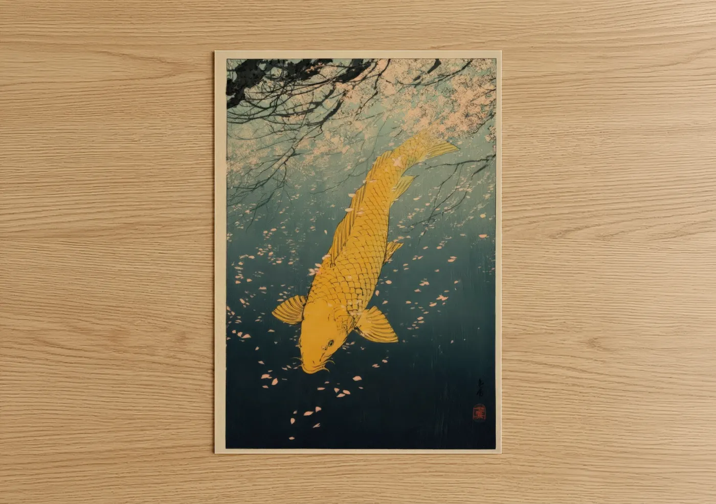 Art print on warm oak wood — gold and teal palette — Golden Dragon Fish poster