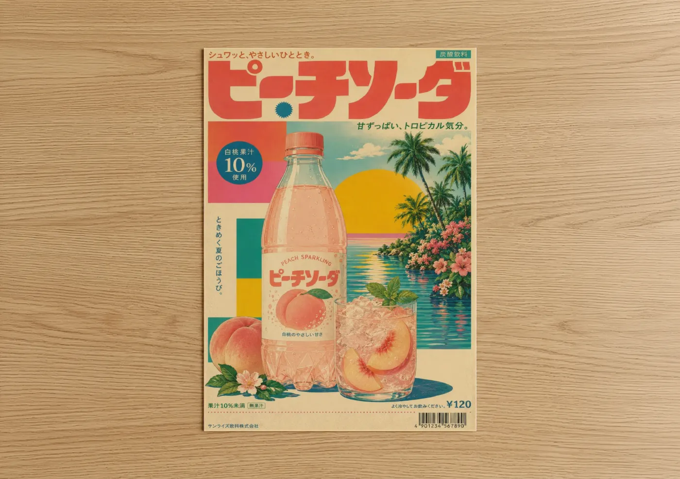 Vintage japanese ads art print on warm oak wood — peach and cream palette — Vintage Japanese Peach Soda Advertisement Wall Art poster