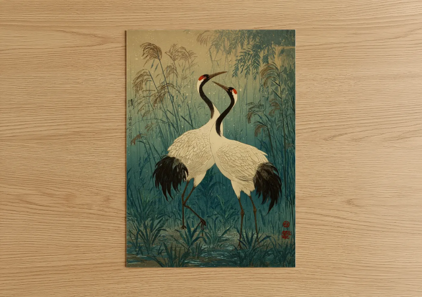 Cranes in Reeds Japanese Art Print Wall Art