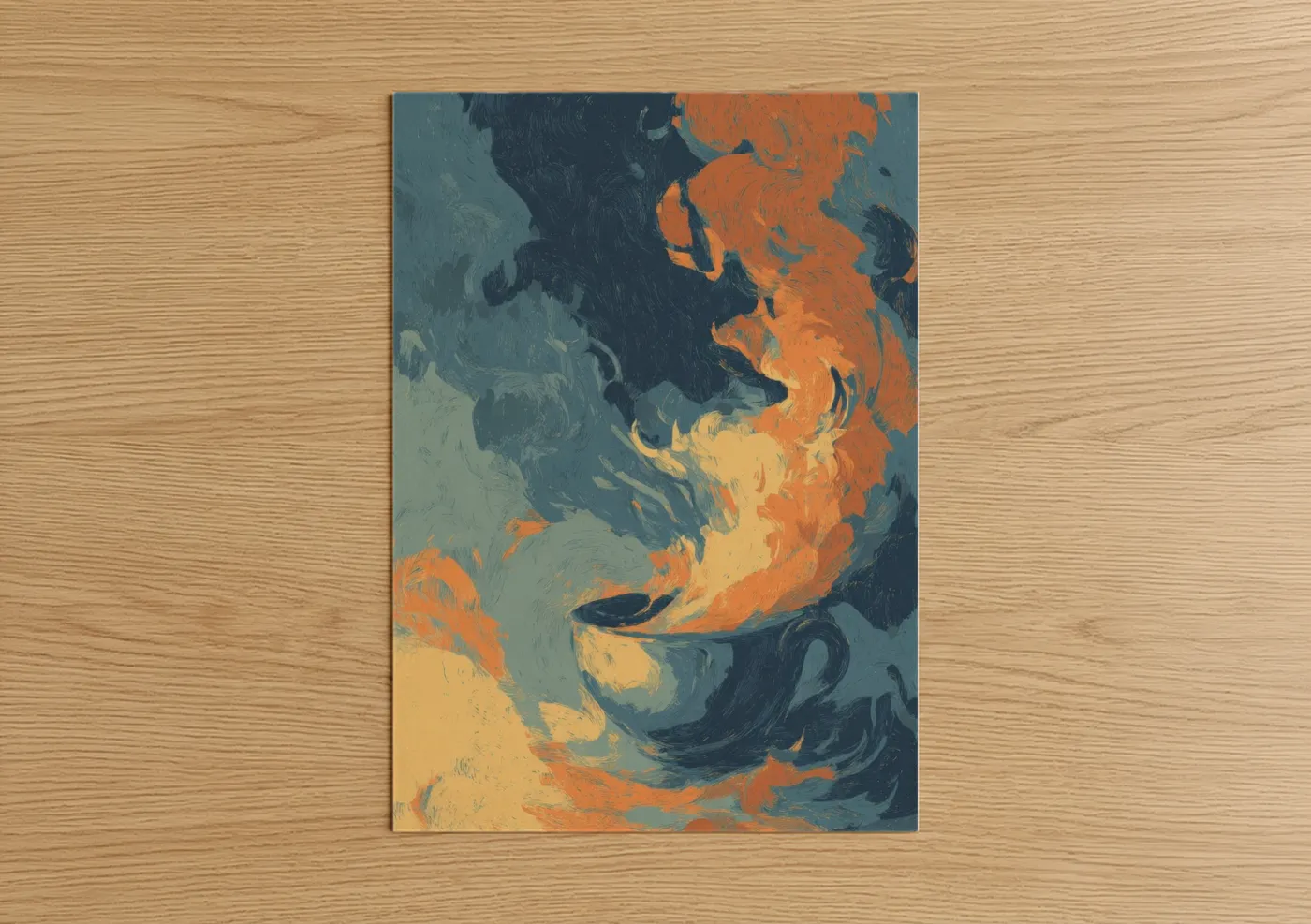 Art print on warm oak wood — teal and orange palette — Steaming Tea Dream poster