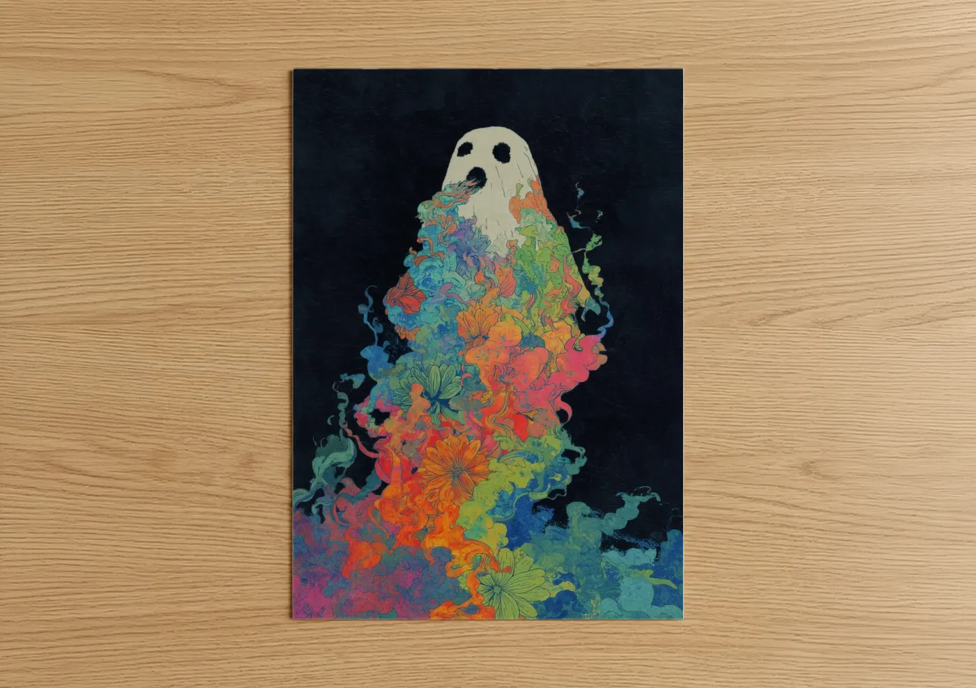 Art print on warm oak wood — blue and orange palette — Floral Ghost poster