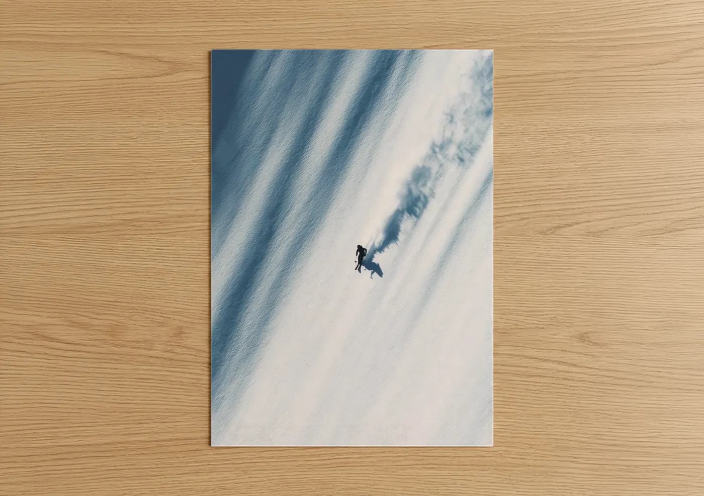Skiing art print on warm oak wood — blue and white and gray palette — Alpine Skier Descent poster
