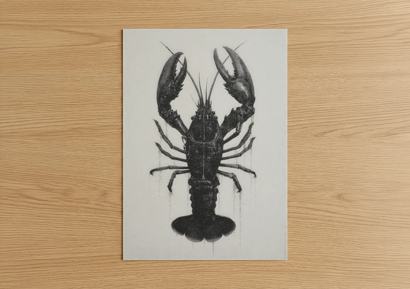 Art print on warm oak wood — black and white palette — Stippled Crayfish poster