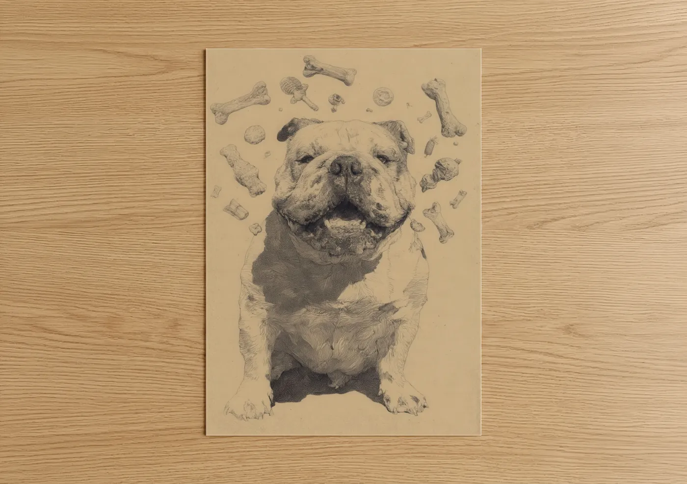 Playful Bulldog with Toys Sketch Wall Art