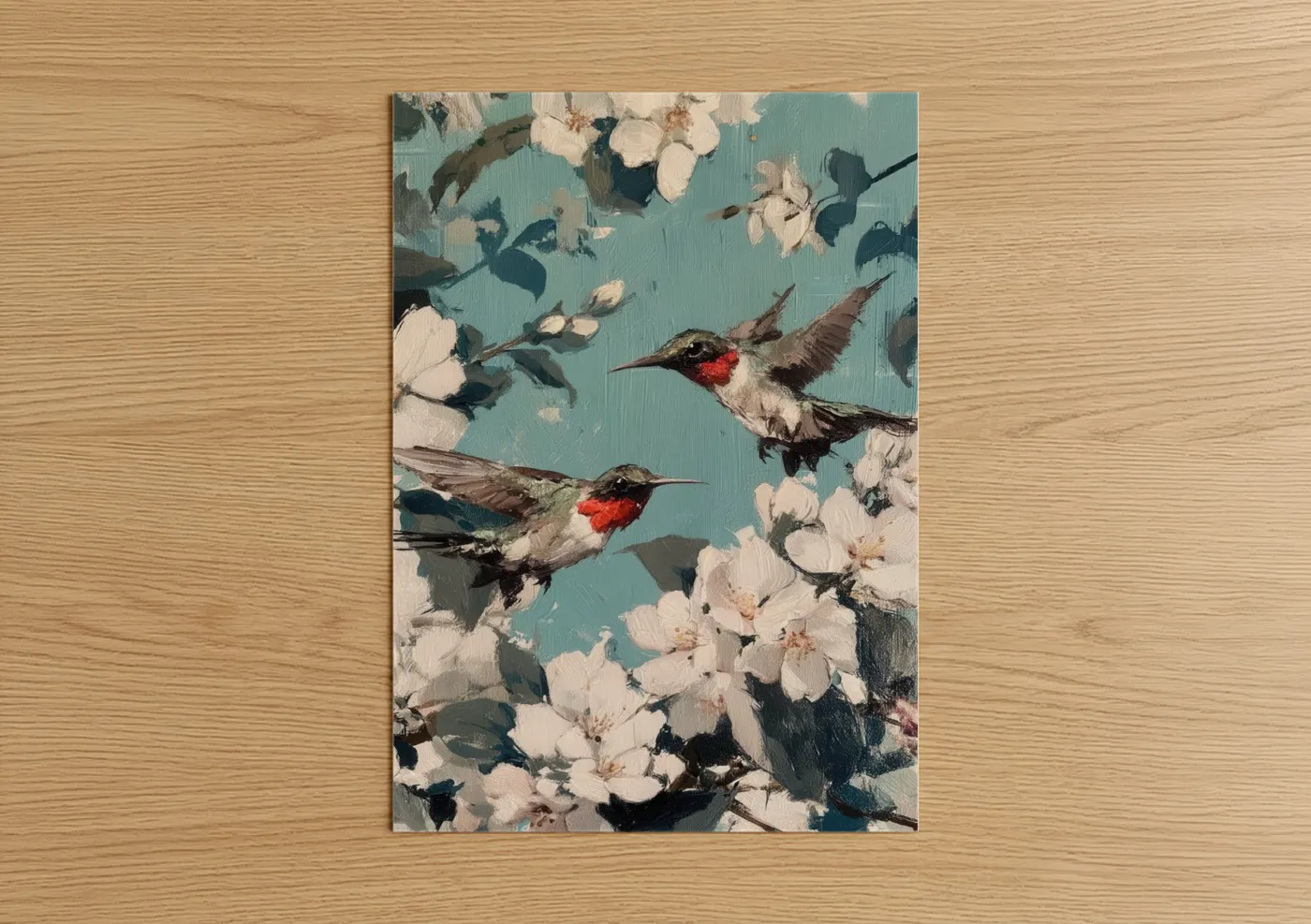 Ruby Hummingbirds White Flowers Painting Wall Art