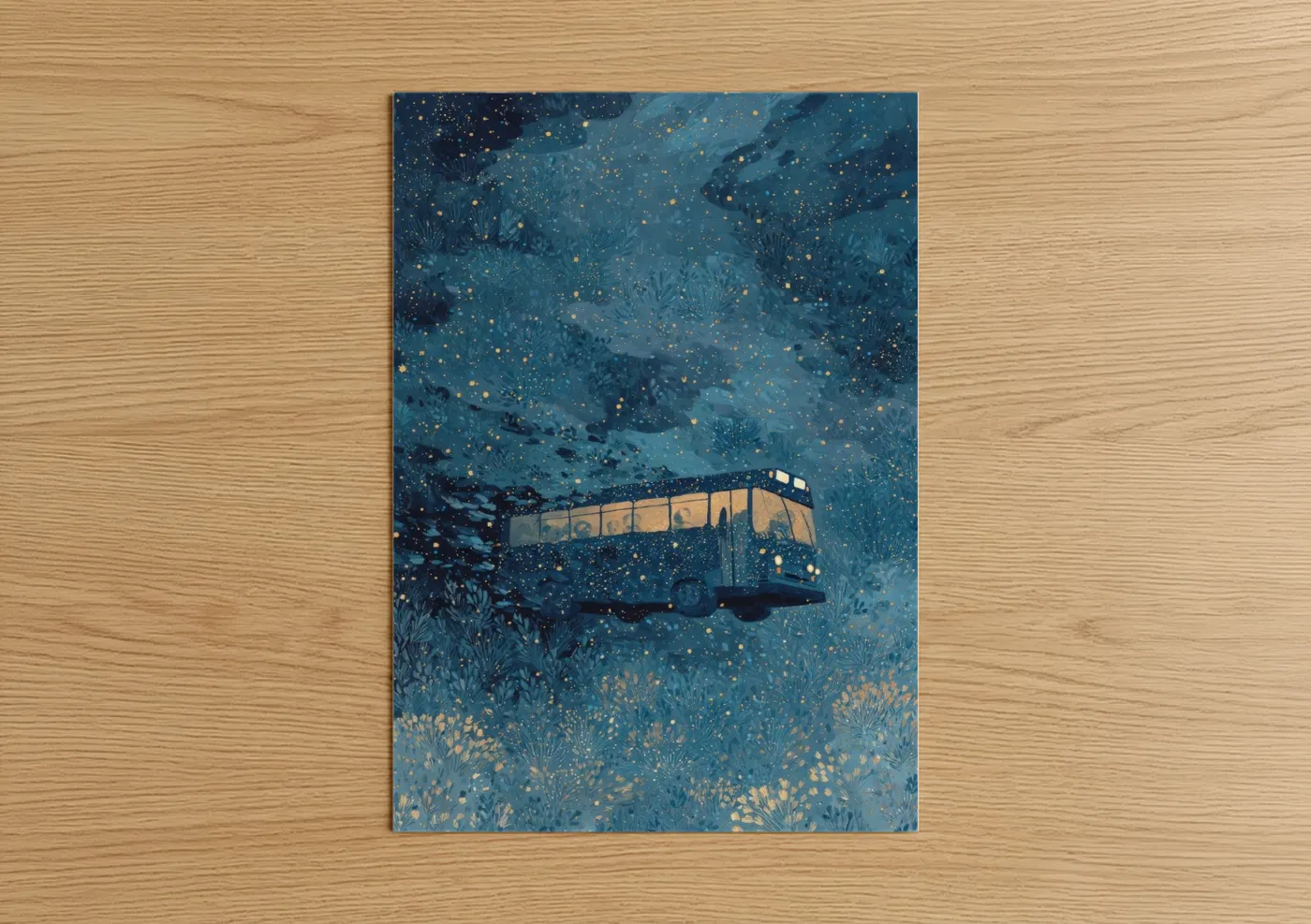 Starlit Bus Night Sky Illustration Wall Art