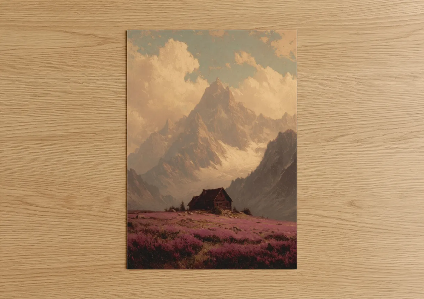 Art print on warm oak wood — gold and magenta palette — Alpine Cottage Dreams poster