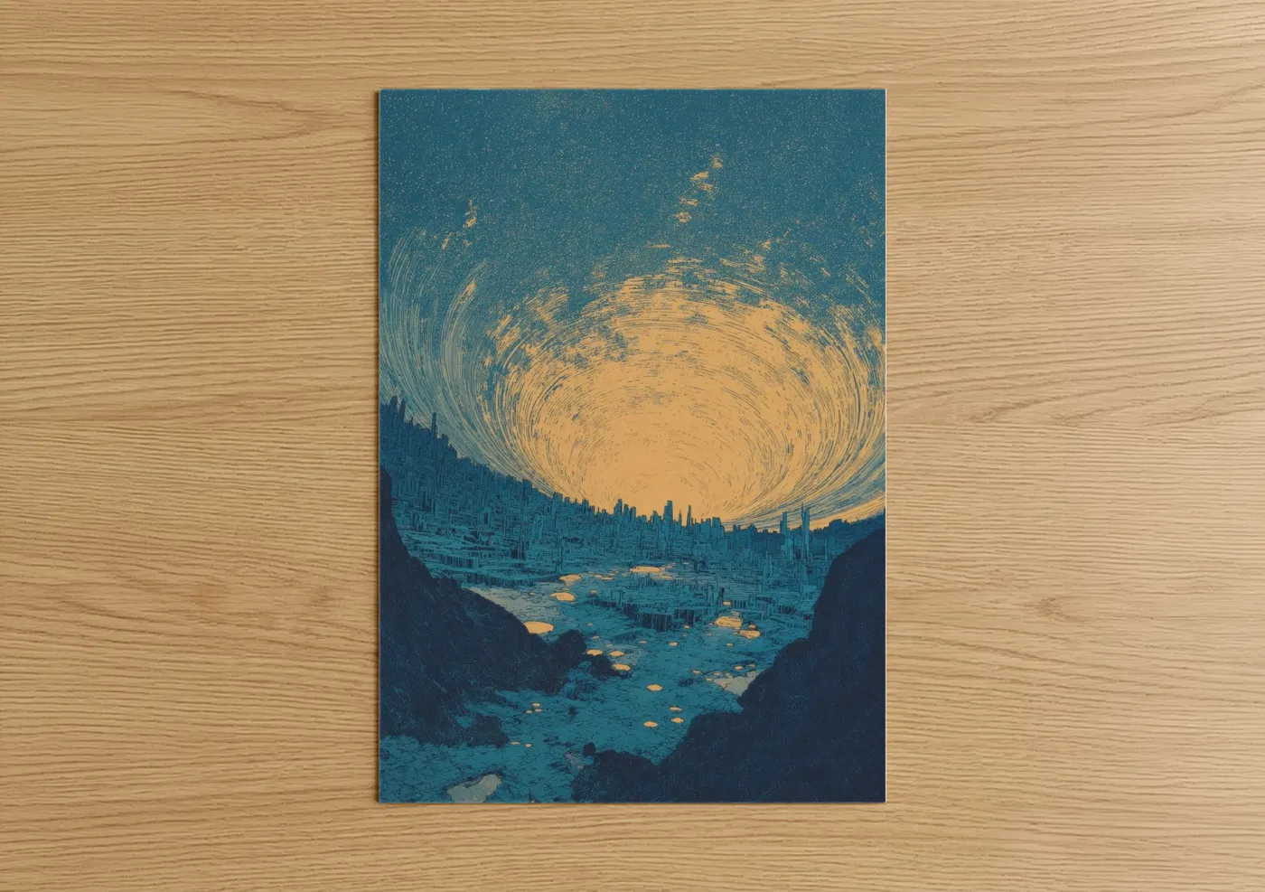 Dreamscape art print on warm oak wood — teal and gold palette — Celestial Vortex poster