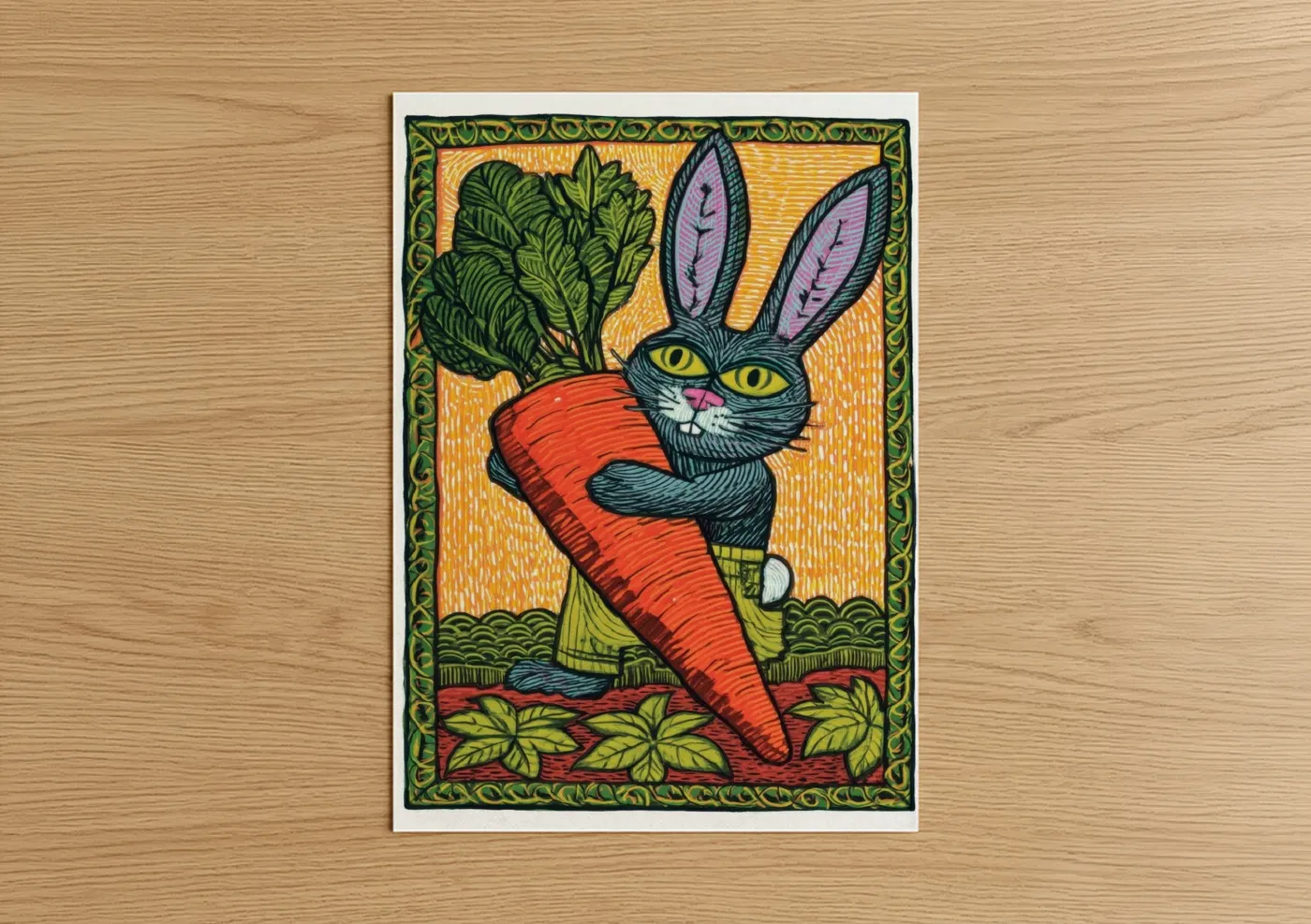 Whimsical Rabbit Carrot Woodcut Wall Art