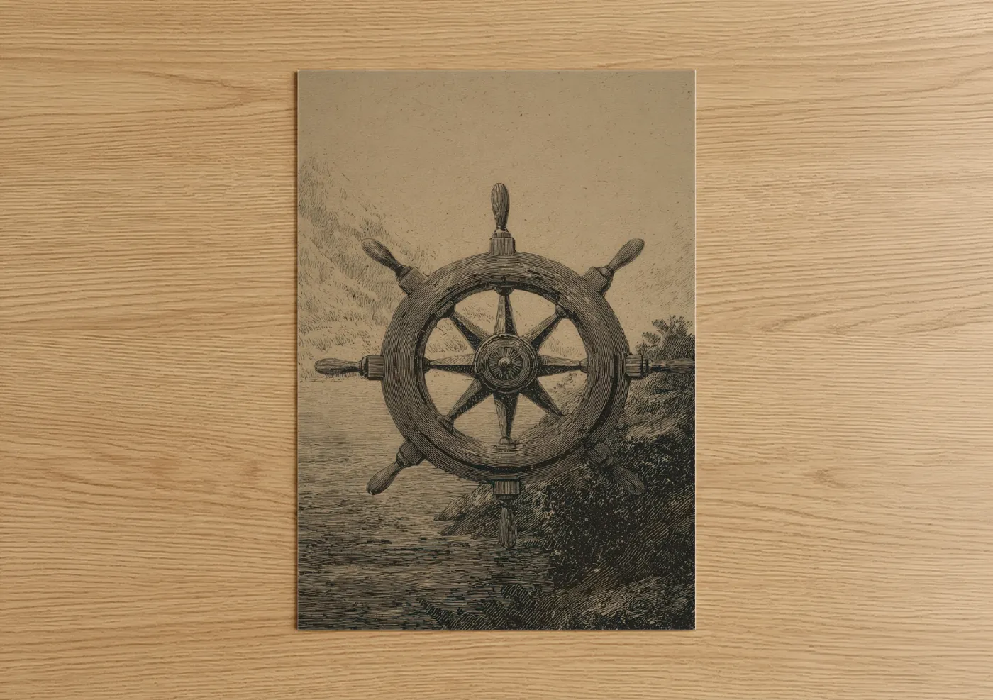 Vintage Shipwheel Nautical Engraving Wall Art