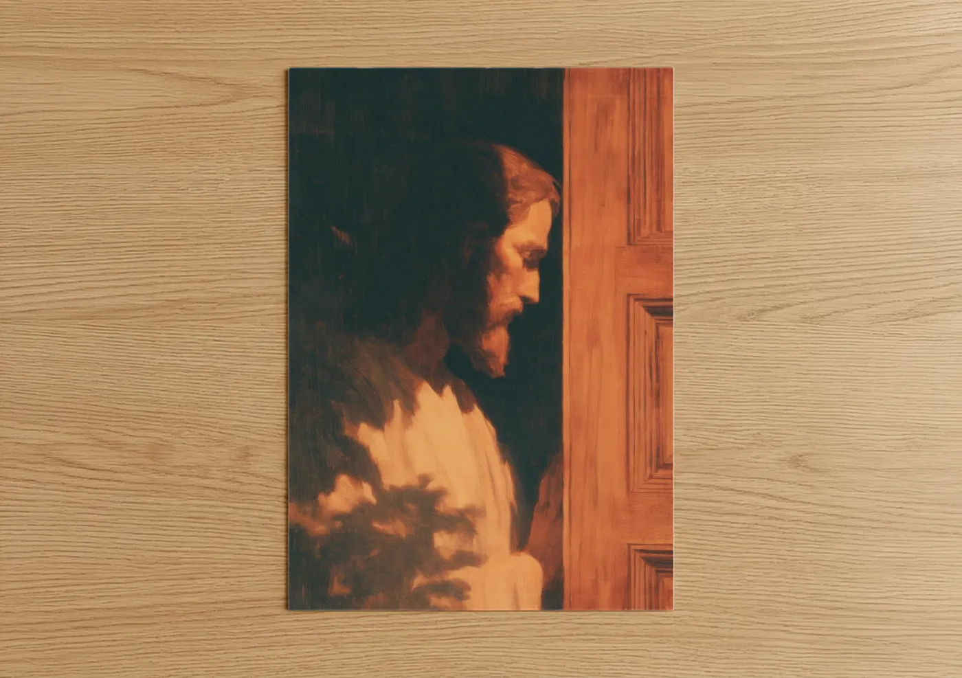 Jesus christ art print on warm oak wood — gold and black palette — Golden Doorway poster