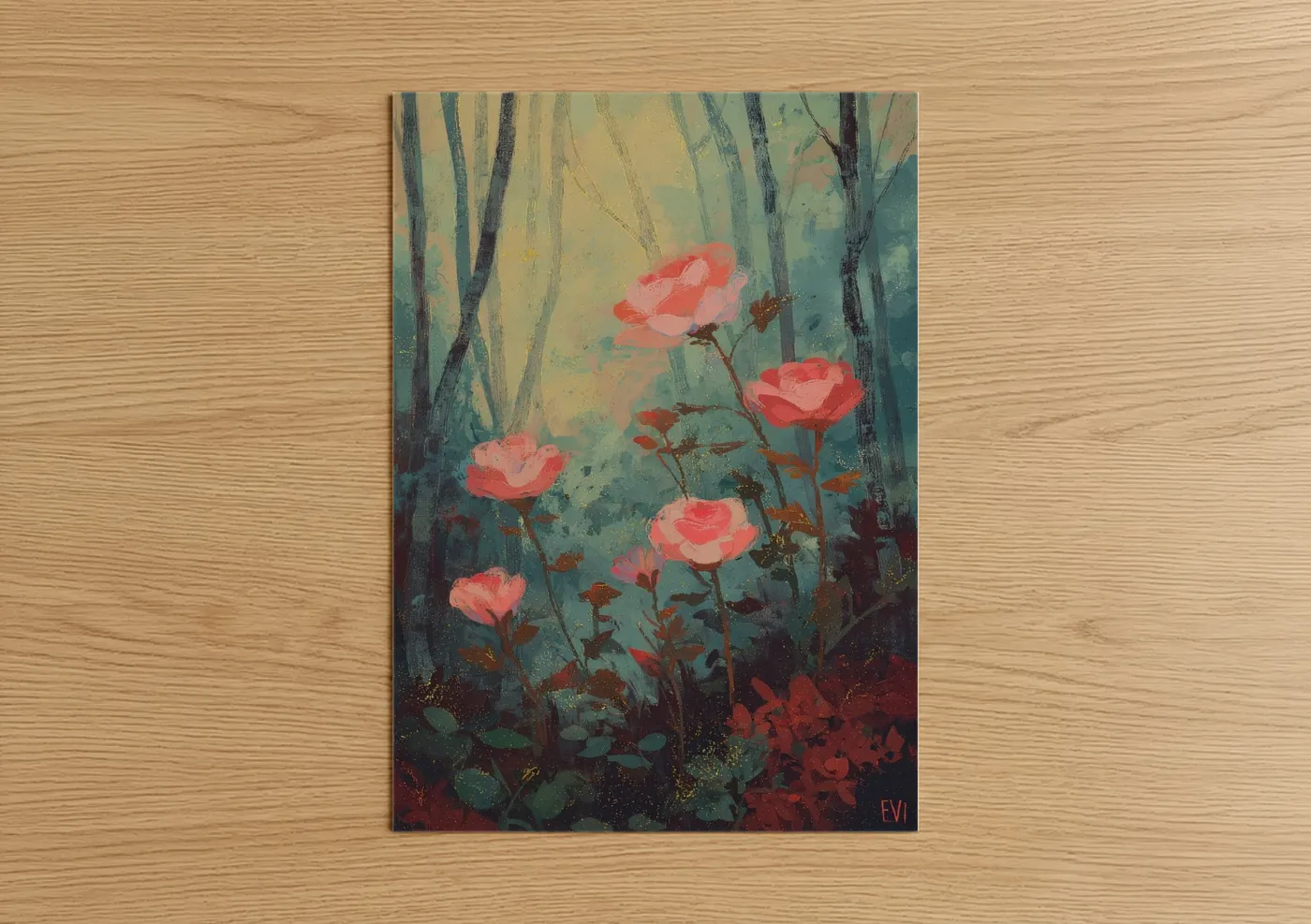 Coral Roses Forest Misty Garden Wall Art