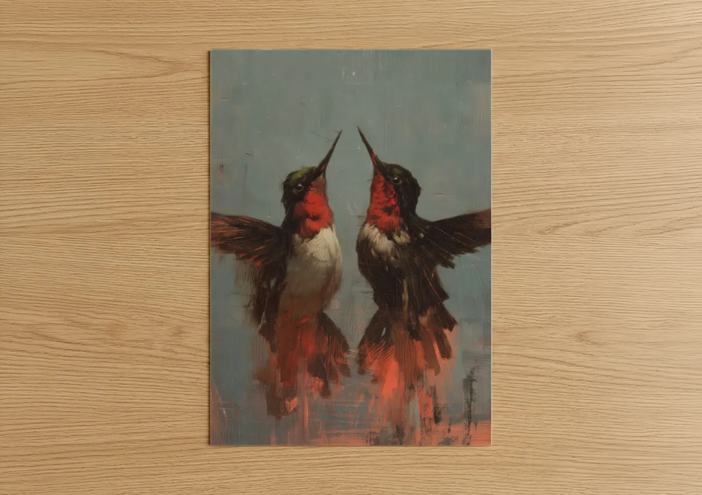 Art print on warm oak wood — red and gray palette — Crimson Hummingbirds poster