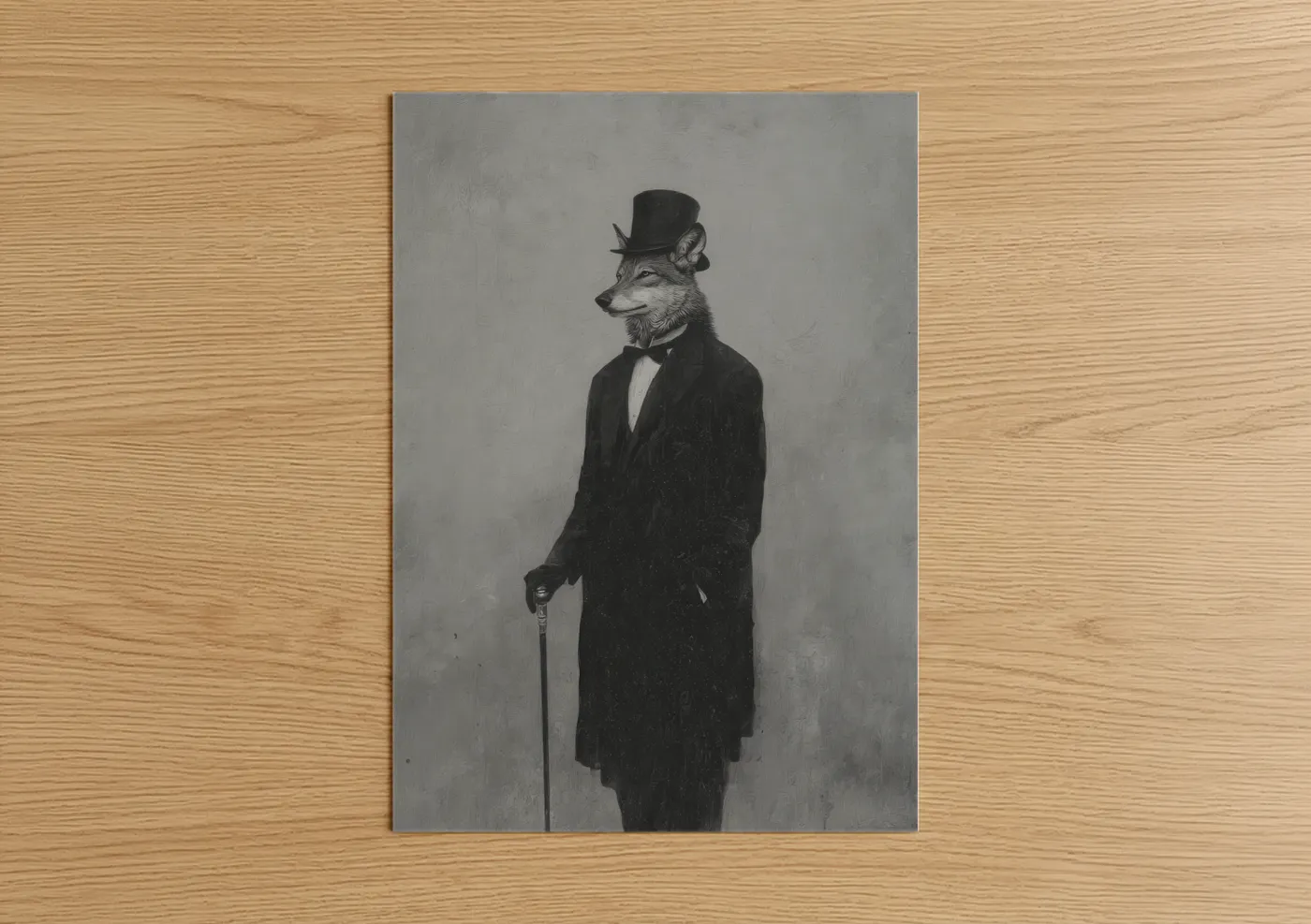 Art print on warm oak wood — black and white and gray palette — Dapper Wolf poster