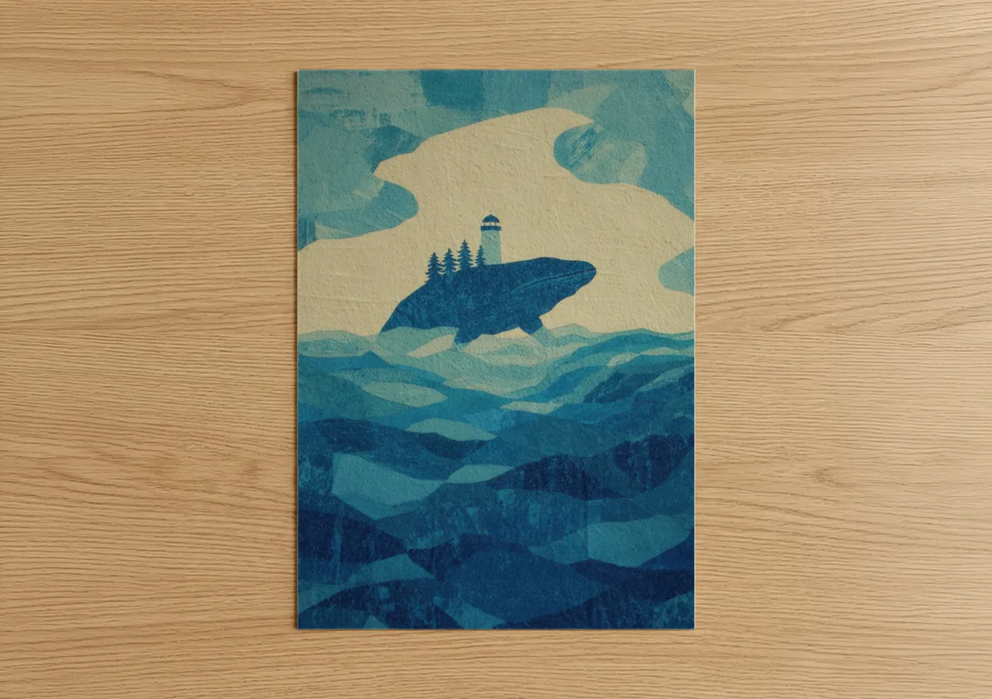 Humpback whale art print on warm oak wood — blue and cream palette — Lighthouse Whale poster