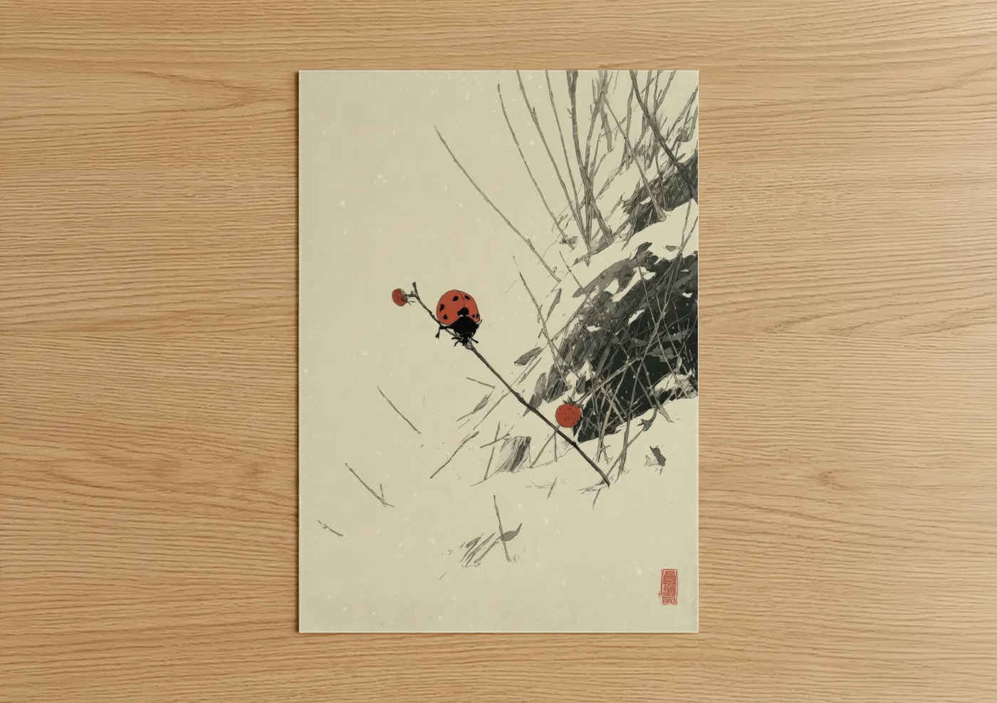 Winter Ladybug on Frost Branch Wall Art