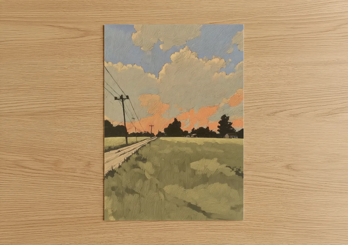 Various landscapes art print on warm oak wood — gold and light green palette — Golden Hour Countryside poster