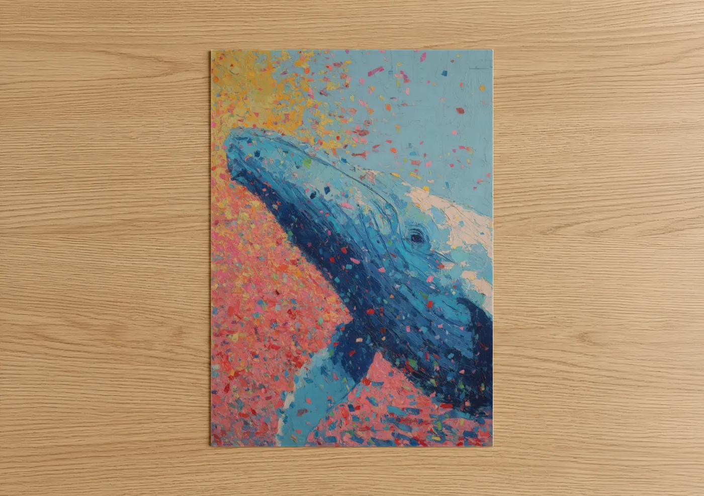 Blue whale art print on warm oak wood — blue and orange palette — Colorful Whale poster