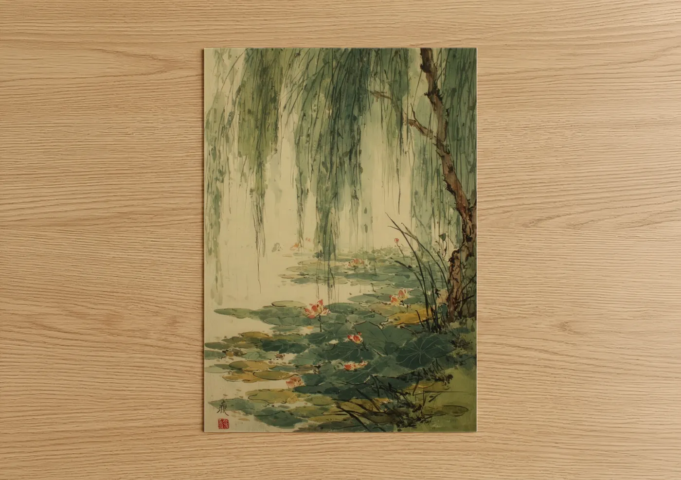 Art print on warm oak wood — light green and cream palette — Willow Lotus poster