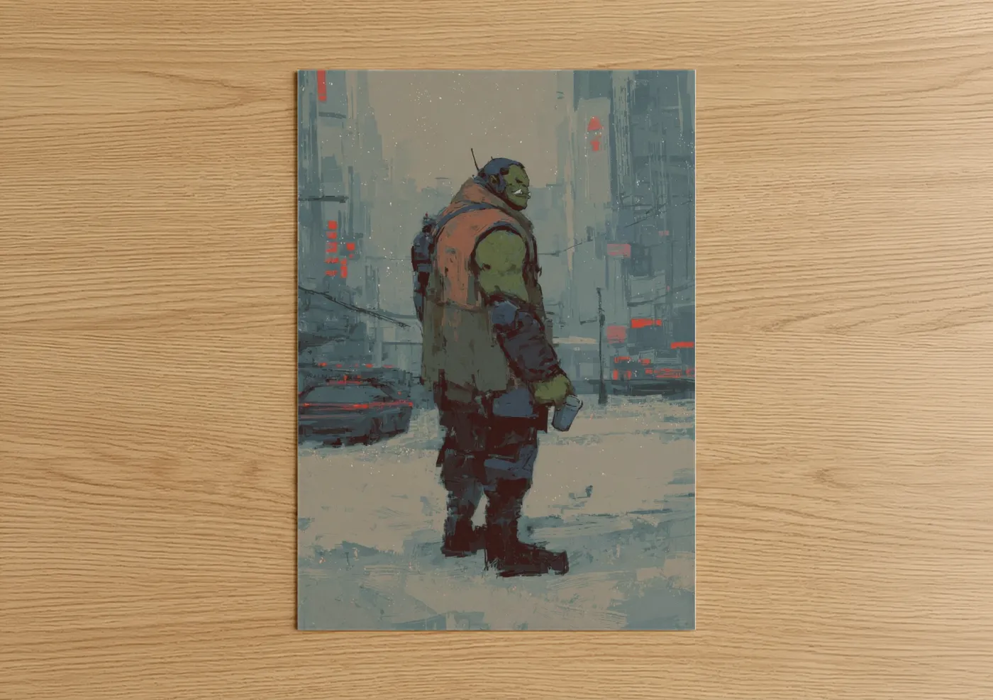 Art print on warm oak wood — sage green and dove gray palette — Urban Orc Warrior poster