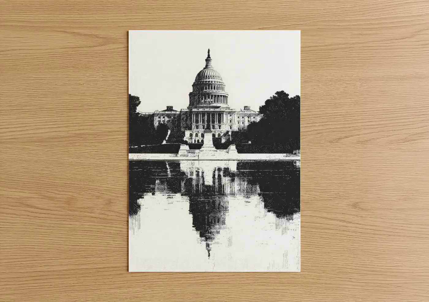 US Capitol Building Black White Reflection Wall Art