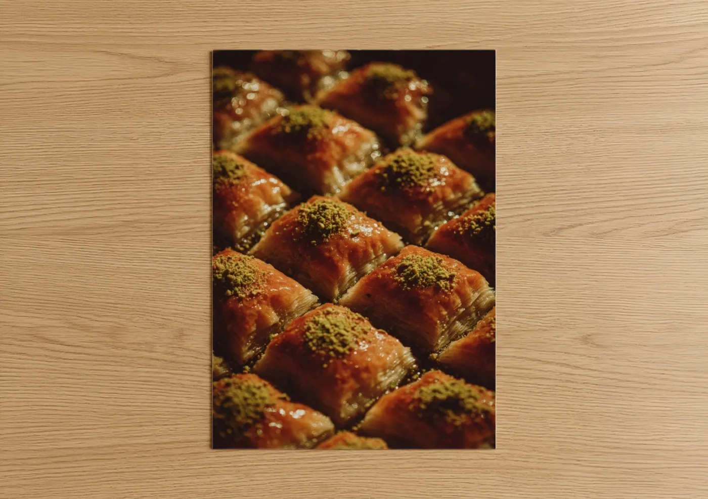 Sweet art print on warm oak wood — gold and brown palette — Golden Pistachio Baklava poster