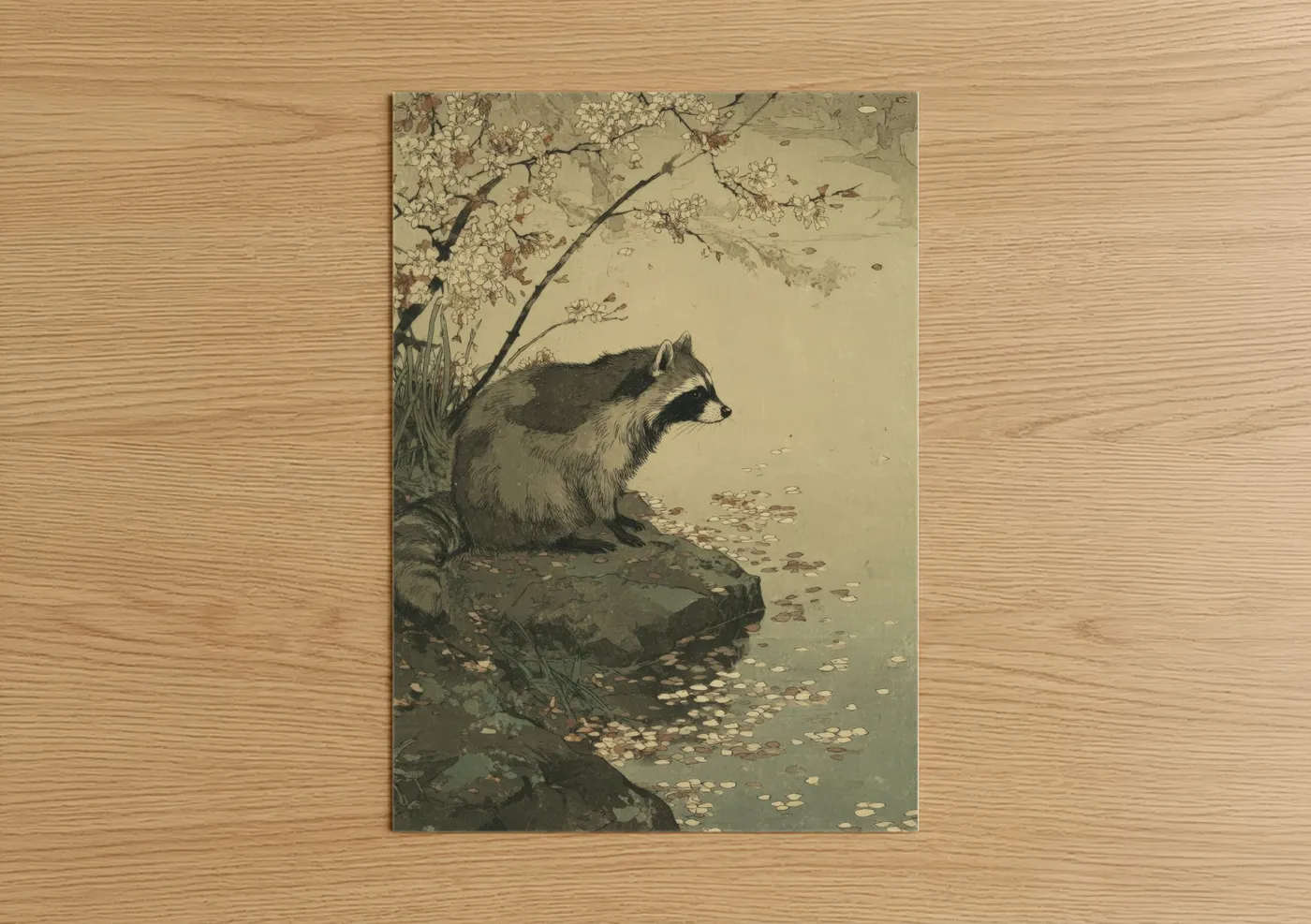 Riverside Raccoon Nature Illustration Wall Art