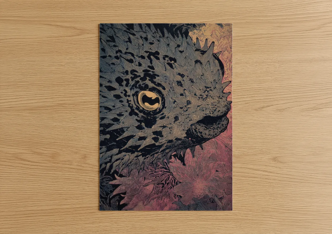 Art print on warm oak wood — gold and black and white palette — Golden Puffer Fish poster