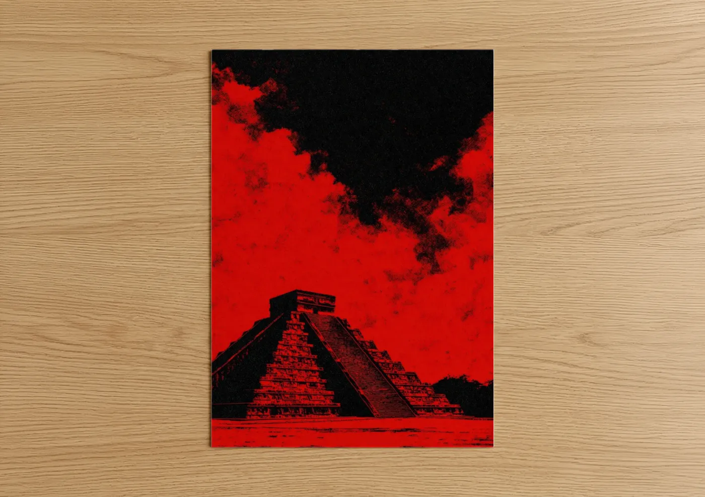 Monuments art print on warm oak wood — red and black palette — Crimson Pyramid Monument poster