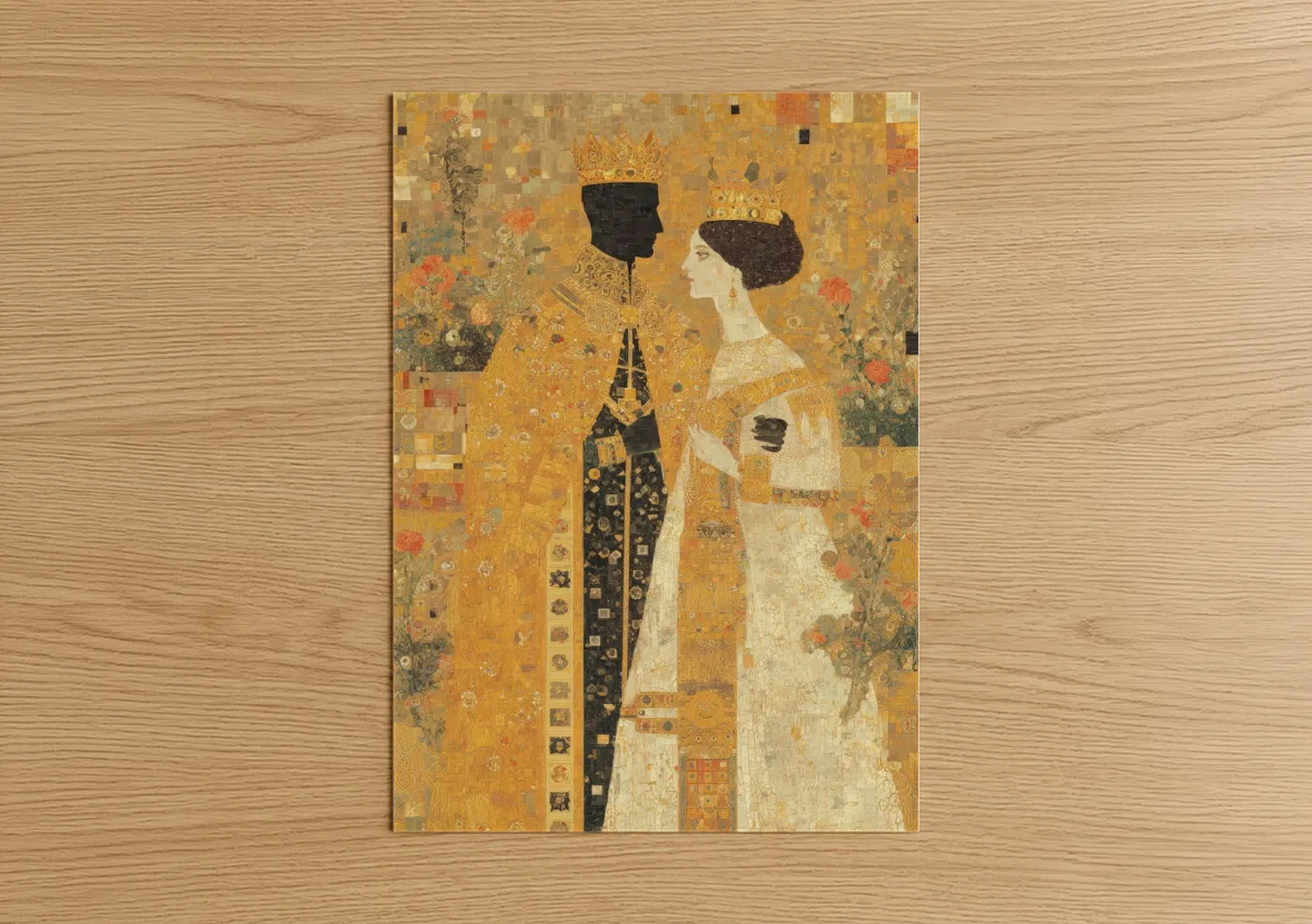 Groom and bride art print on warm oak wood — gold and black and gold palette — Royal Wedding Couple poster