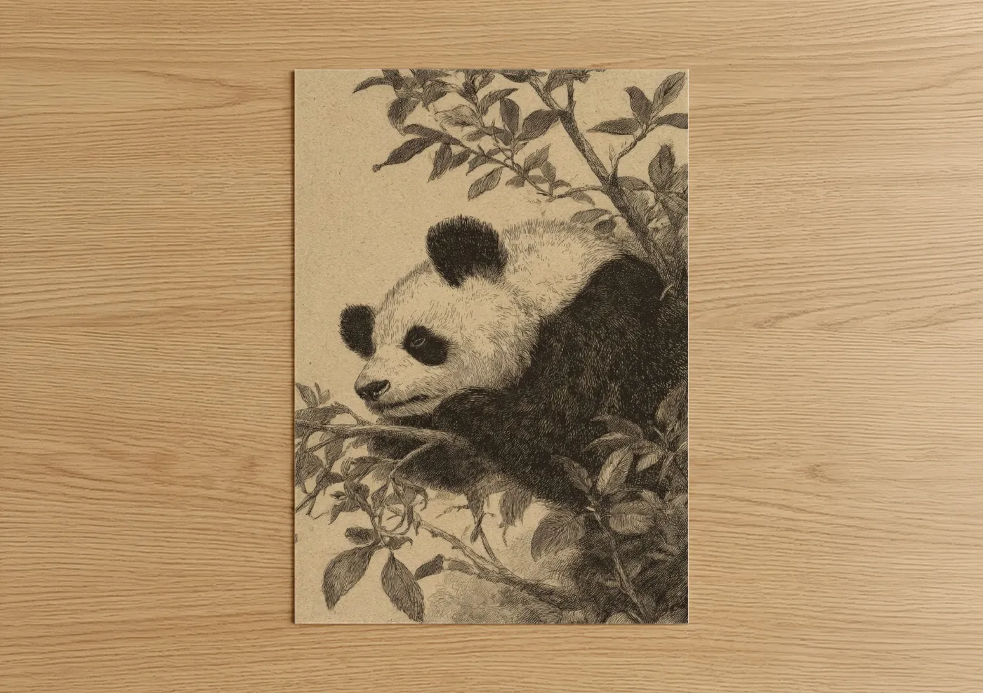 Art print on warm oak wood — black and white and cream palette — Gentle Panda poster