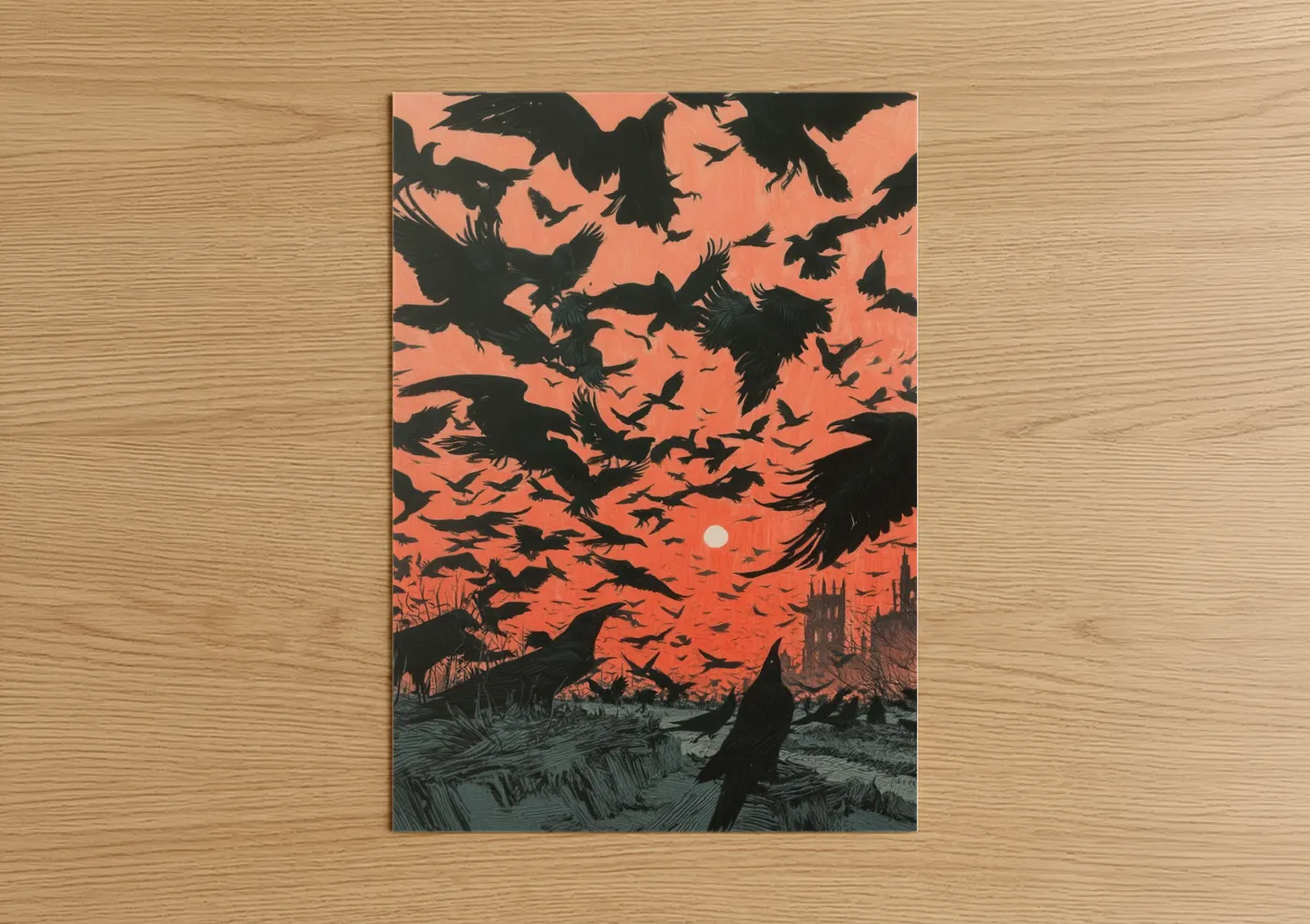 Crows and ravens art print on warm oak wood — red and black palette — Crimson Raven Flock poster
