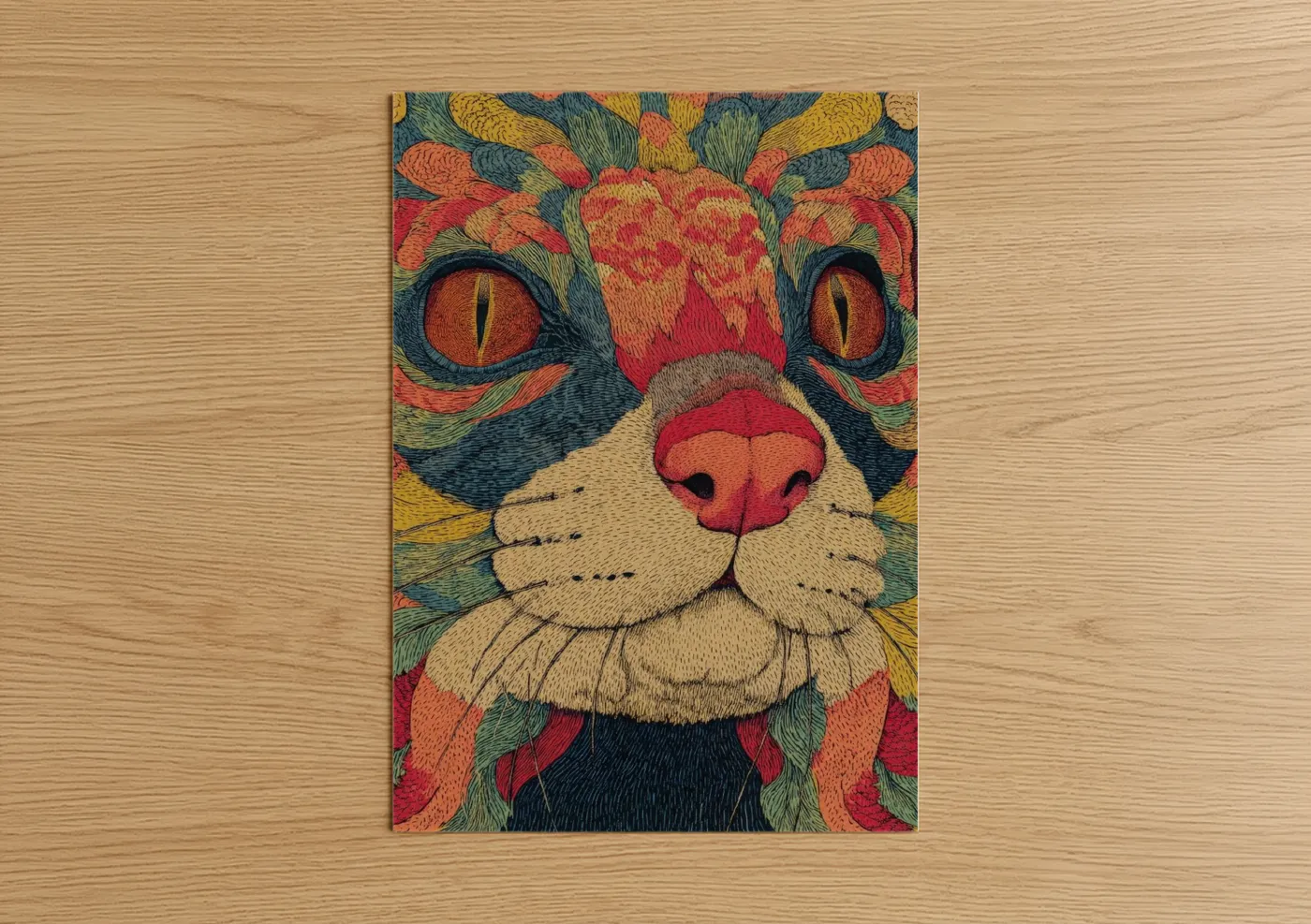 Art print on warm oak wood — red and gold palette — Colorful Weasel poster