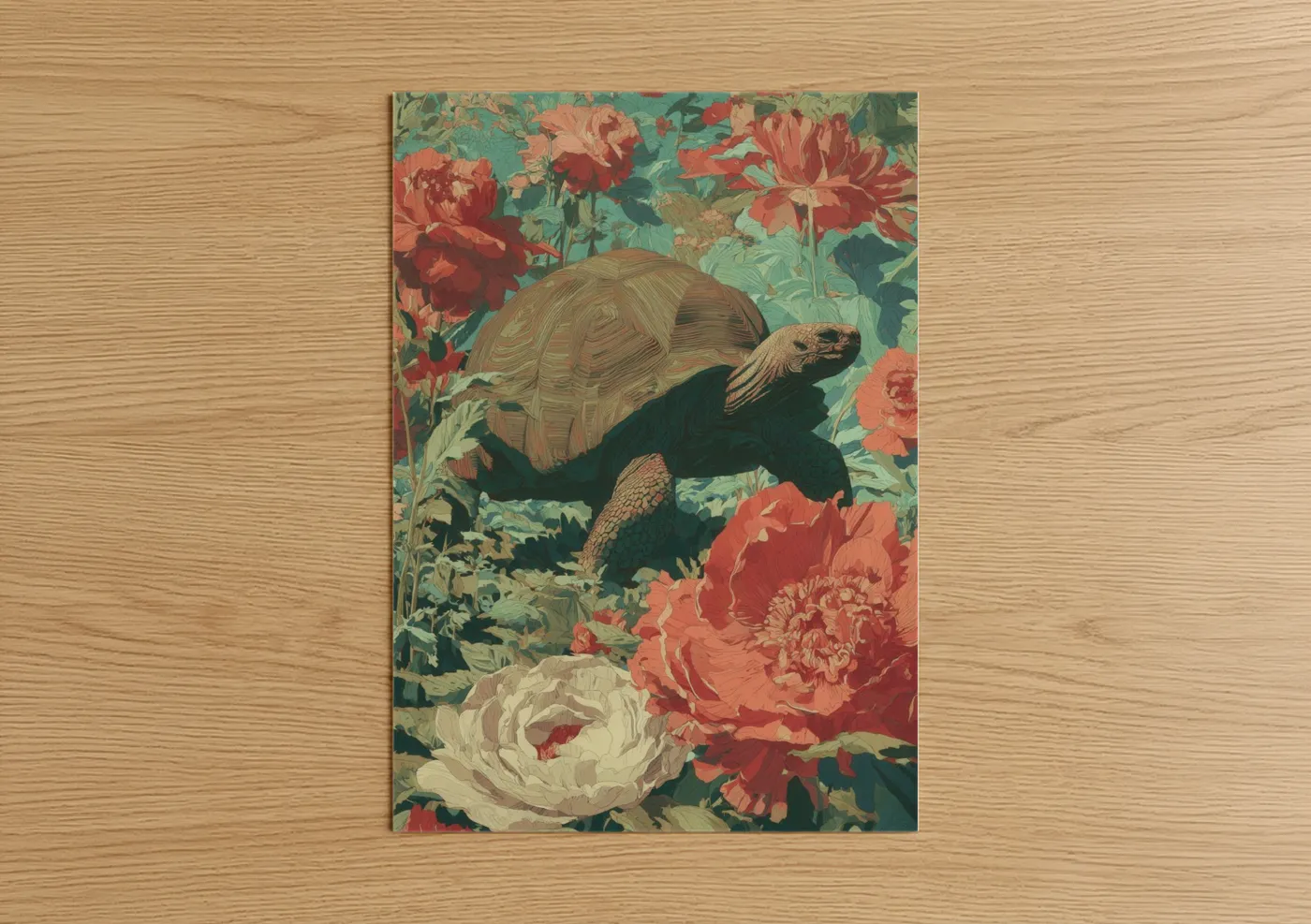 Art print on warm oak wood — sage green and salmon pink palette — Floral Turtle Garden poster