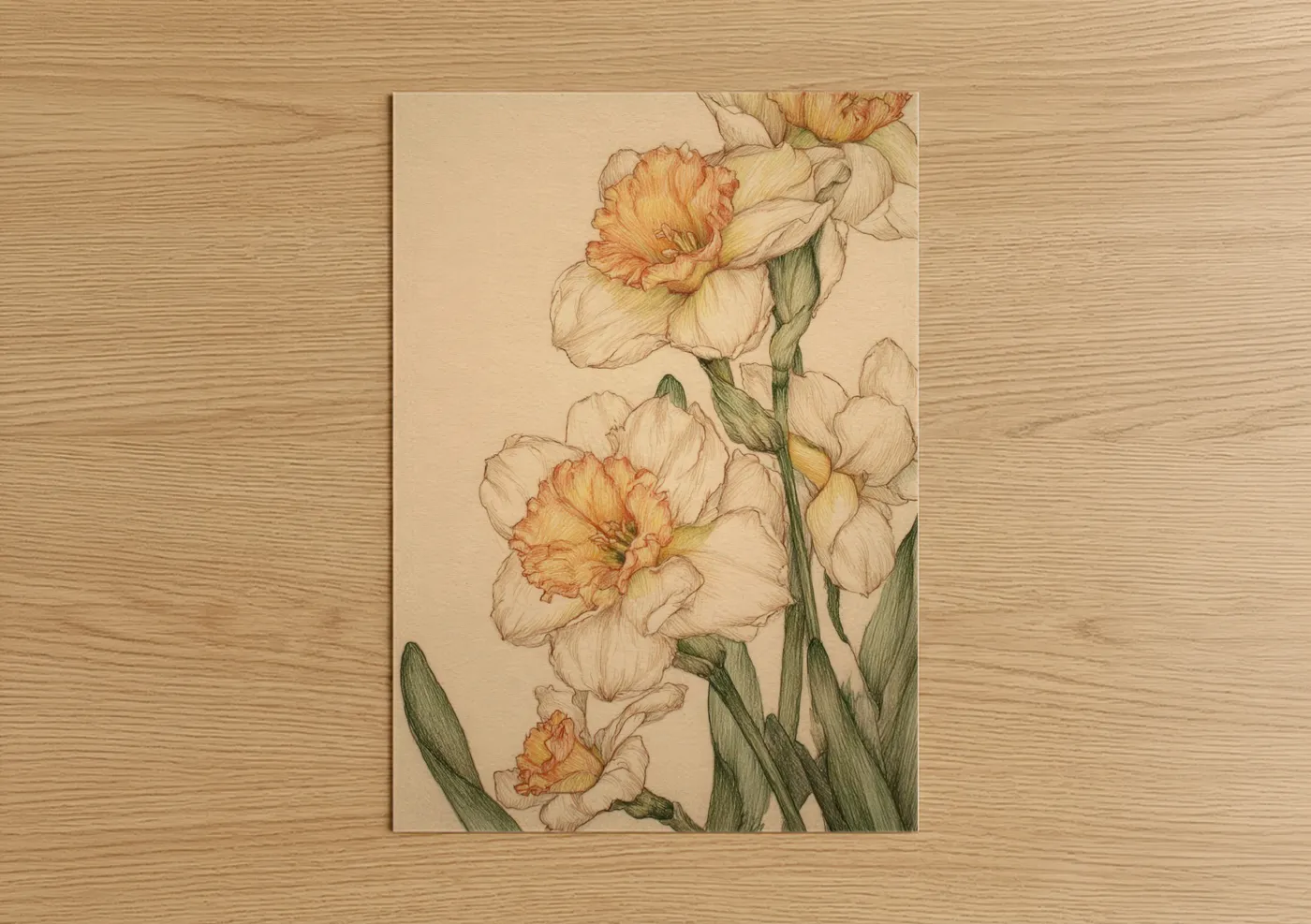 Art print on warm oak wood — cream and peach palette — Peachy Daffodils poster