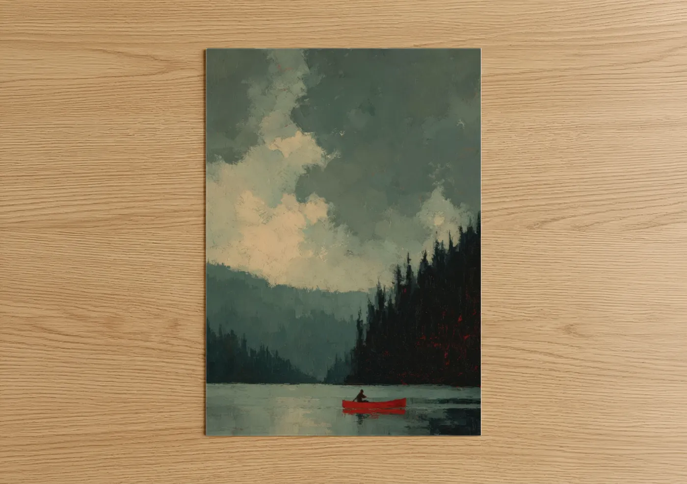 Red Canoe Mountain Lake Landscape Wall Art