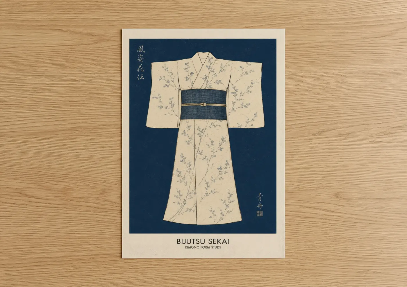 Fashion illustration art print on warm oak wood — blue and cream palette — Cherry Blossom Kimono Fashion Wall Art poster