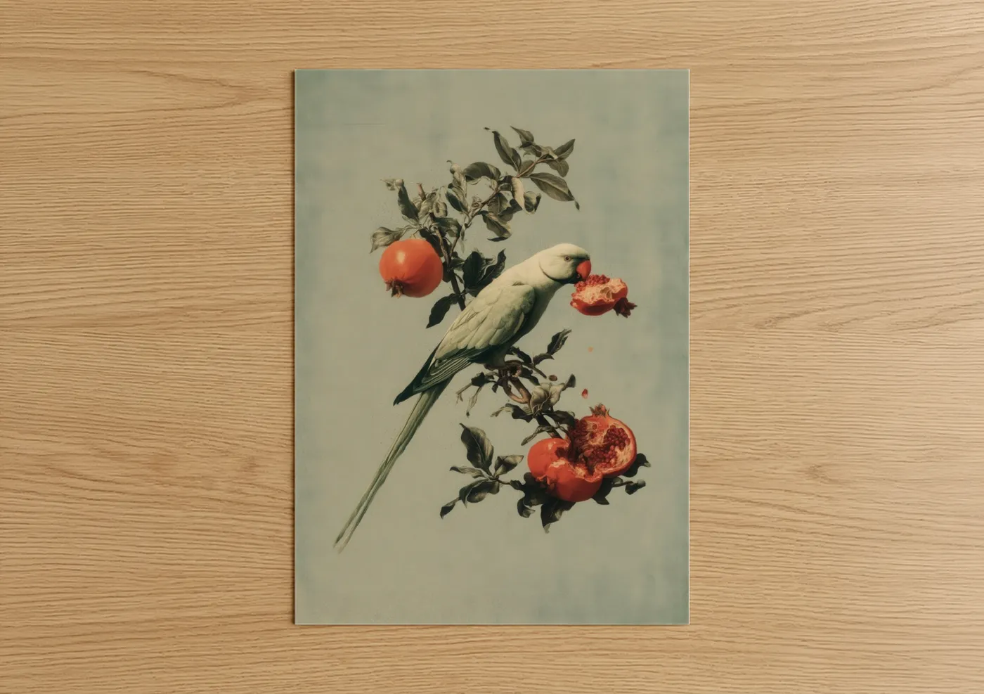 Safari parrots art print on warm oak wood — cream and red palette — Pomegranate Parrot poster