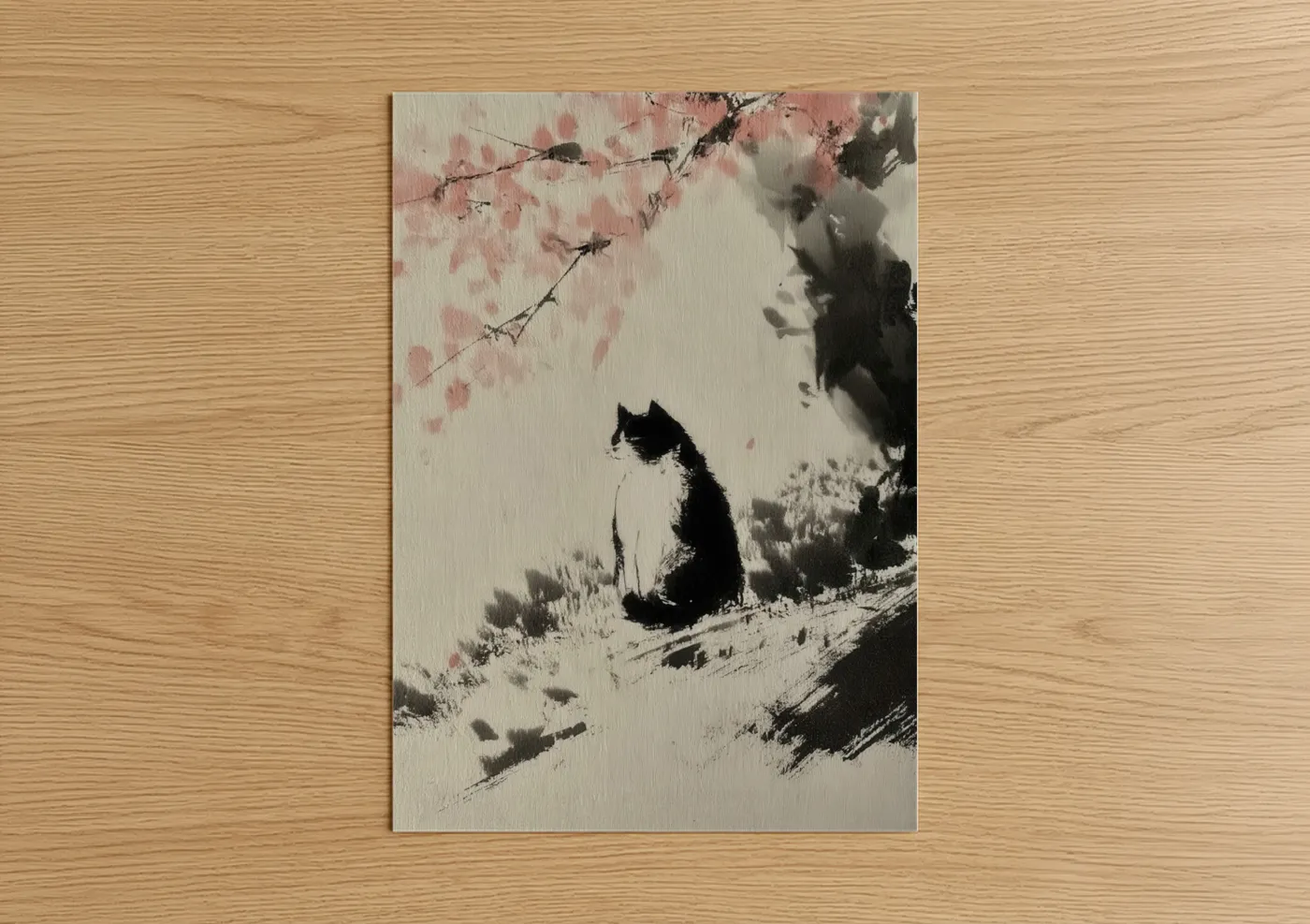 Black and White Cat Cherry Blossom Wall Art