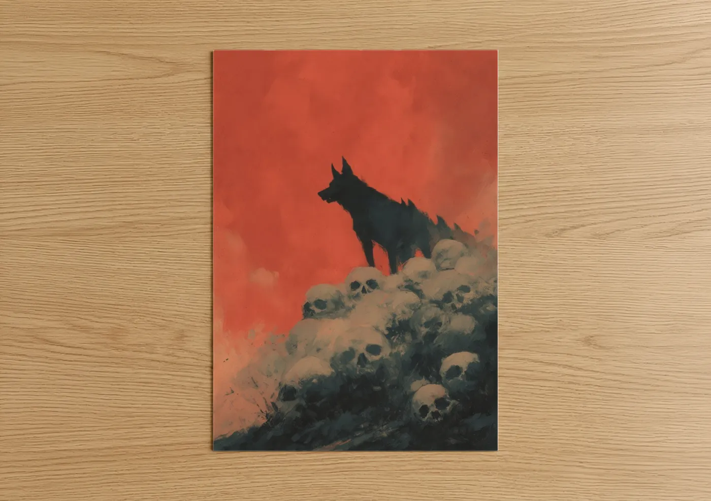 Art print on warm oak wood — red and black palette — Crimson Cerberus poster