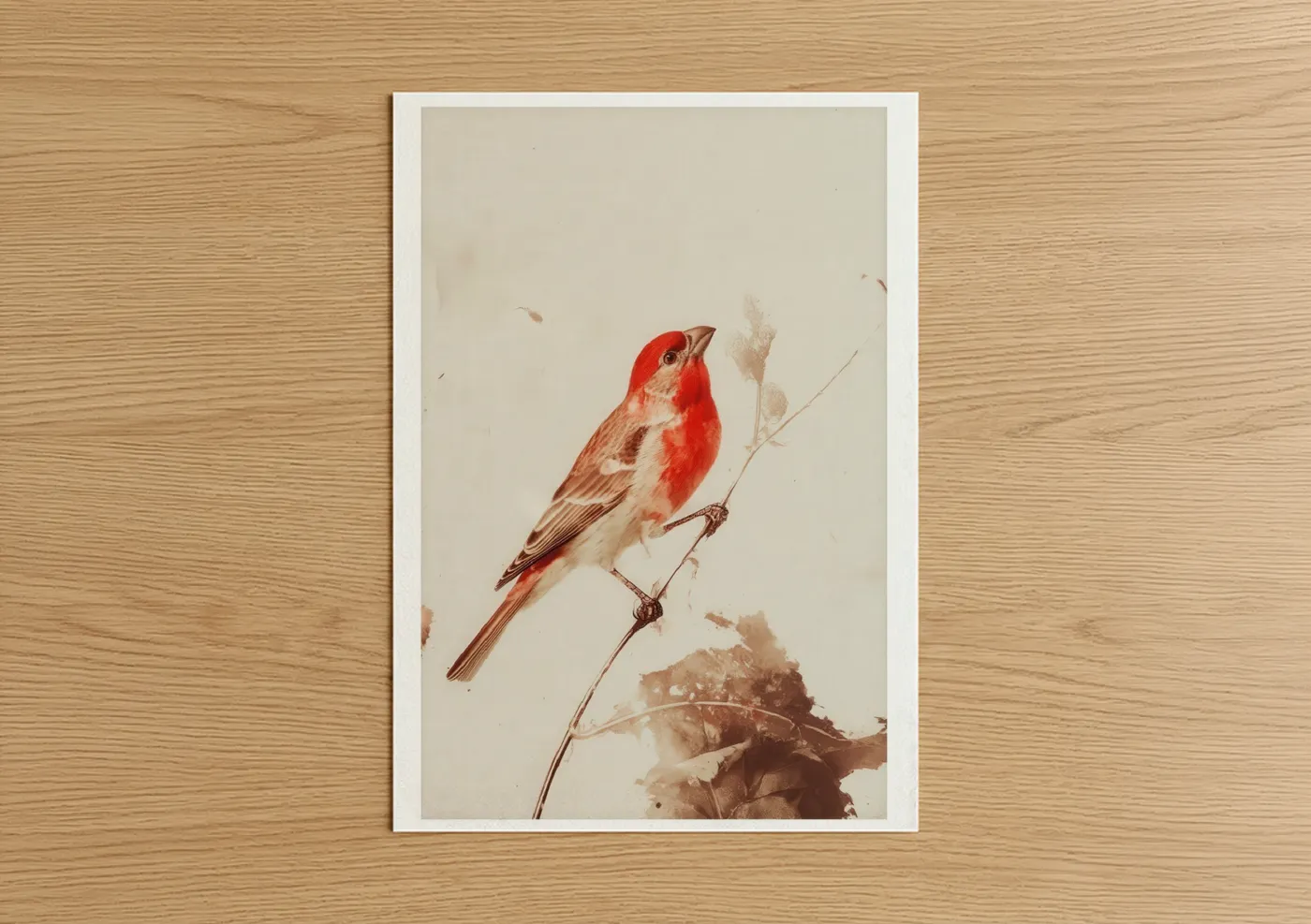Scarlet Finch Branch Watercolor Wall Art