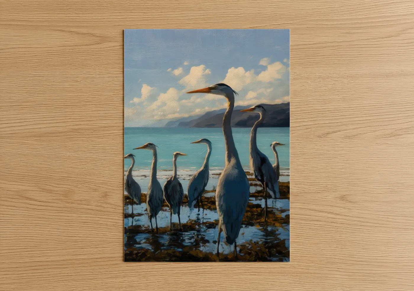 Art print on warm oak wood — blue and white palette — Coastal Heron Gathering poster