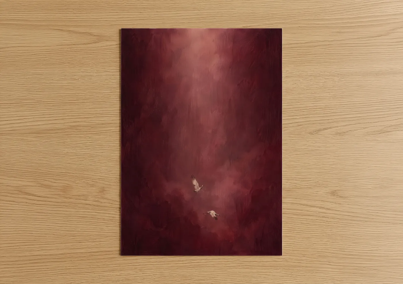 Art print on warm oak wood — maroon and rose gold palette — Ethereal Forest Cranes Wall Art poster