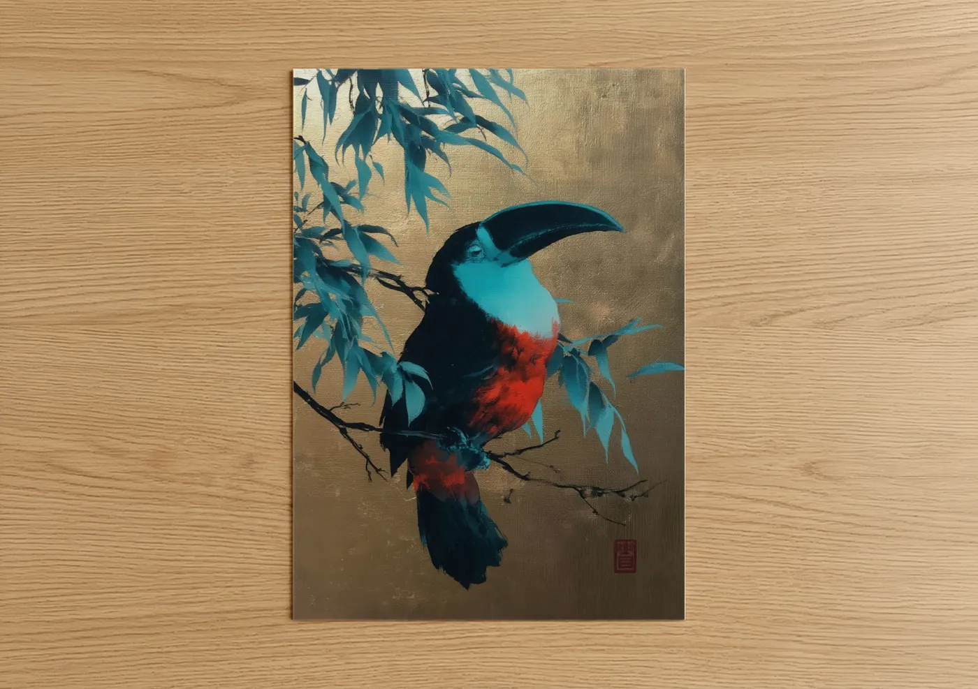 Art print on warm oak wood — teal and gold palette — Tropical Toucan poster