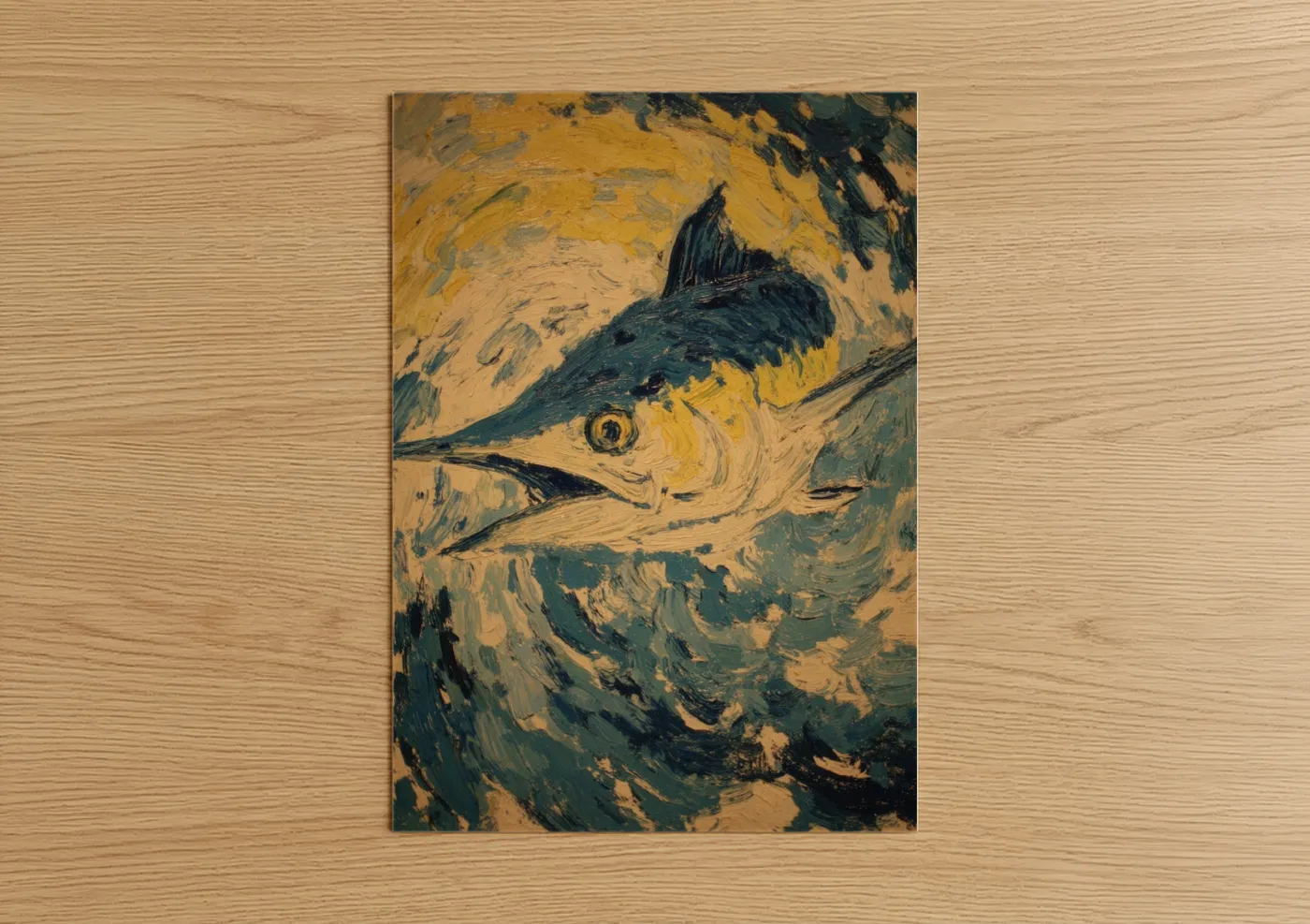 Art print on warm oak wood — yellow gold and dark green palette — Golden Marlin poster